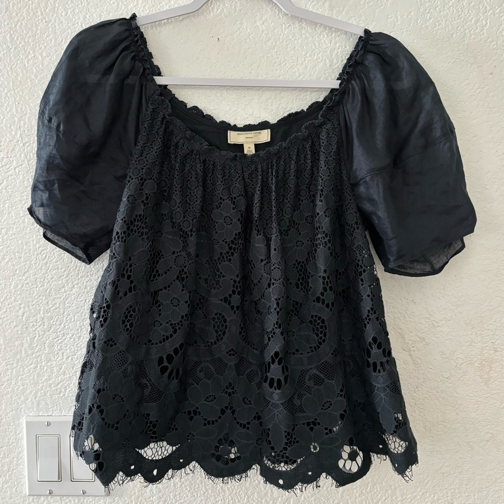Moulinette Soeurs top blouse navy scalloped crochet boho puffy sleeve